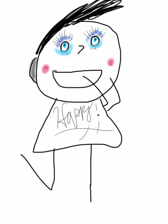 Drawing of smiling person with happy written on the shirt